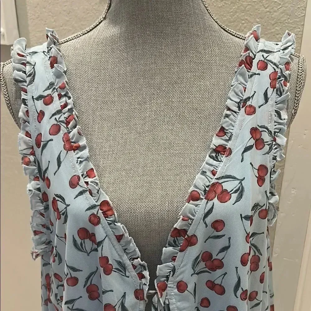 Cherry Print Ruffle Trim Top
